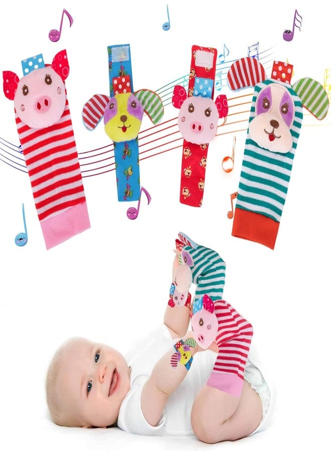 BeFunky Wrist Rattles, Toys Rattles Socks for Babies, Baby Socks Soft Sensory Toys for Babies Birth Birthday, Baby Essential Gifts for 0-3, 0-6, 3-6, 6-12 Months (Pack of 4) Piggy + Doggy - Image 1